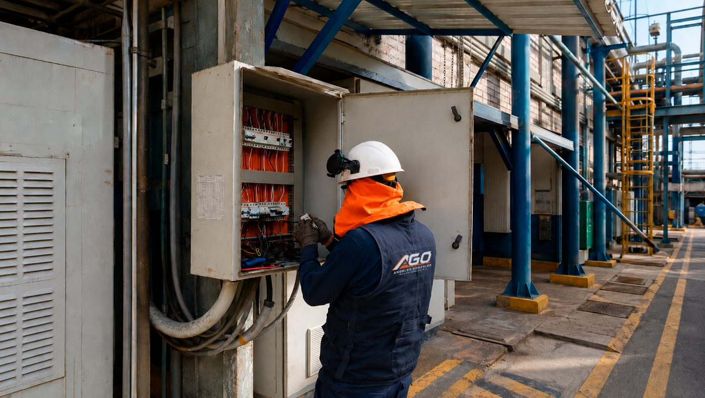 Técnico de AGO revisando un tablero eléctrico en planta industrial.