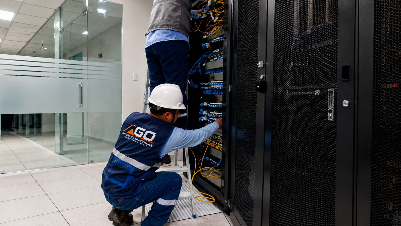 Técnico de AGO conectando patch cords en un rack de comunicaciones.